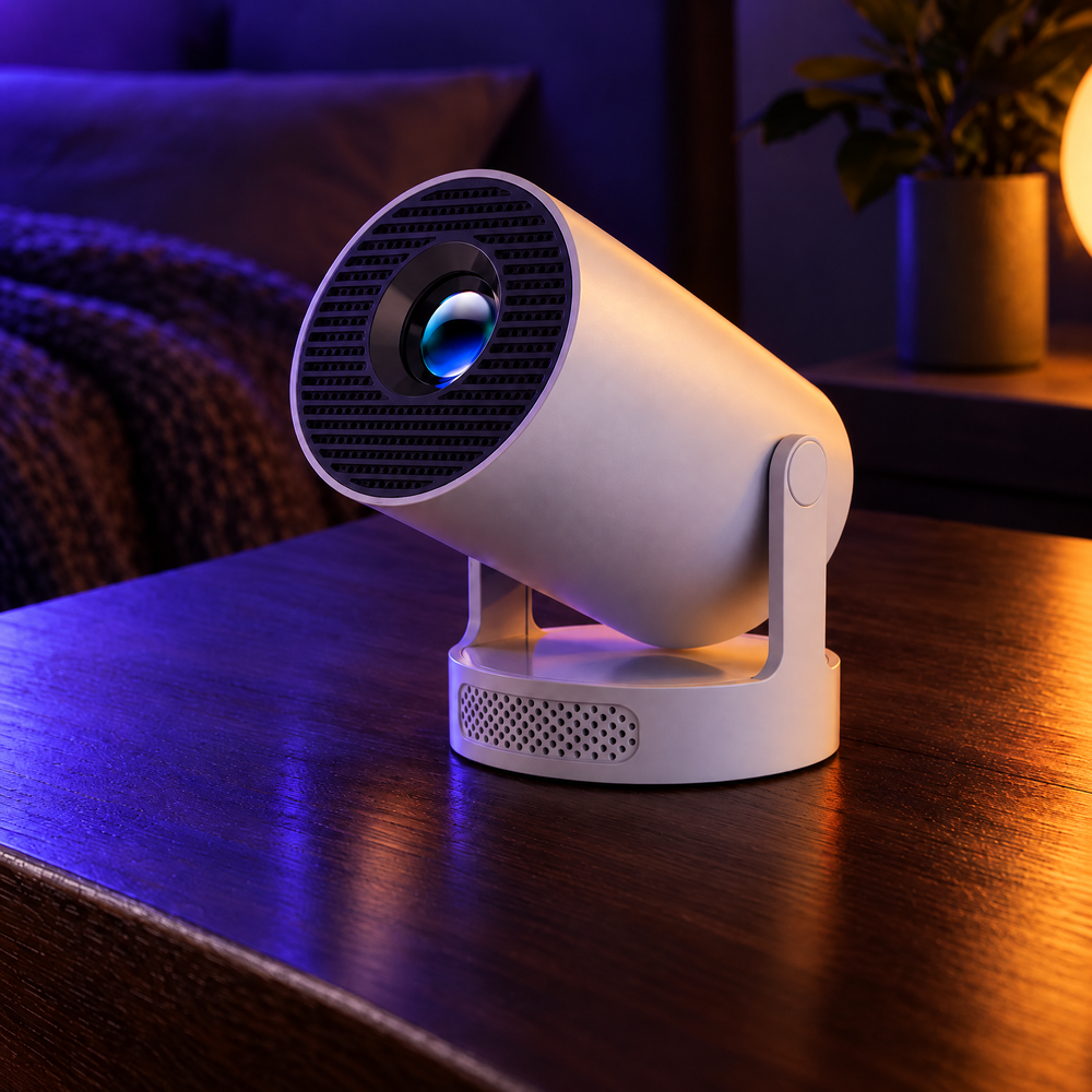 White Midnight Projector in warm and violet room lighting